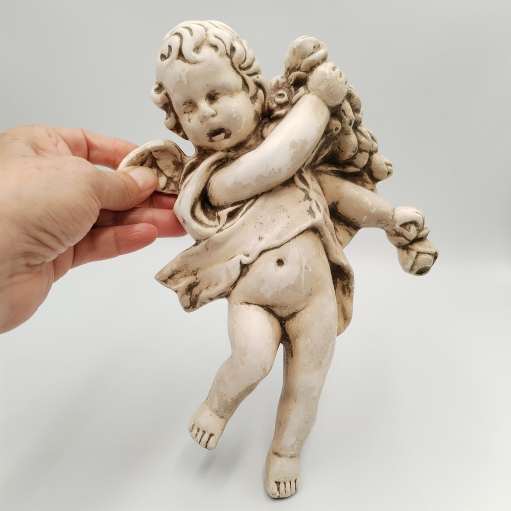 Vintage Cherub Angel Wall Plaque Resin Relief Putti Decor Baroque Off White 9"